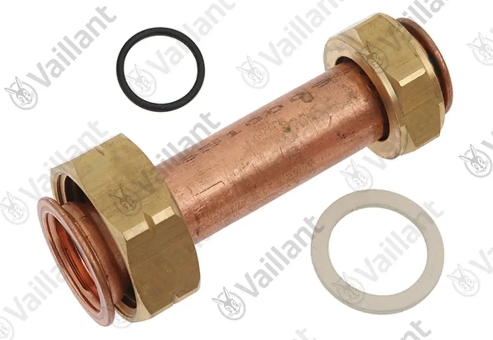 Vaillant Heizungsrohr aus Kupfer mit zwei Messingverschraubungen und Dichtungen, einem schwarzen O-Ring und einer beigefügten Dichtung.
